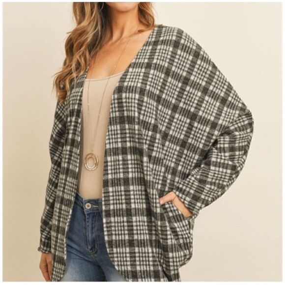 Riah Fashion Gray Open Plaid Cardigan with Pockets L - Picture 2 of 13